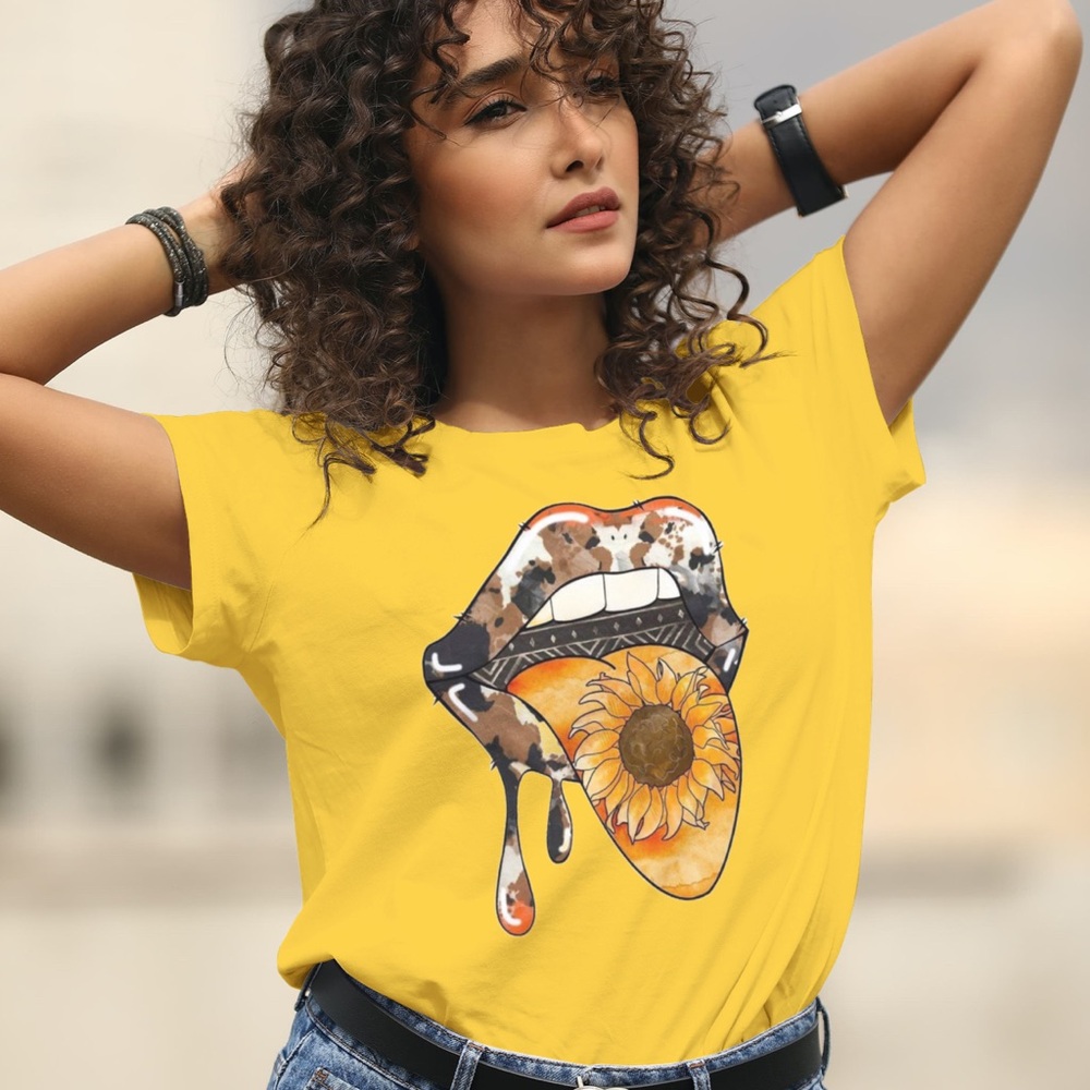 Sunflower cow print women’s tshirt, women’s tops